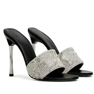Women High <b>Silver</b> Thin <b>Heels</b> Sandals Summer Shiny Diamonds Big Size 45 Shoes Full Rhinestones Dress Stiletto Pearls Mules - Product Image 4