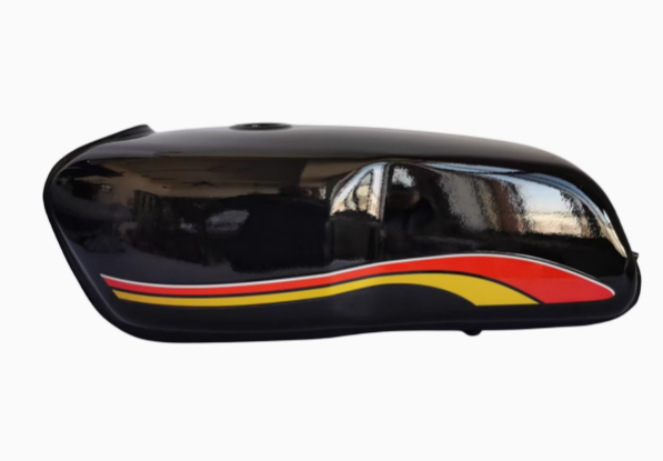 Black fuel tank with red and yellow decals
