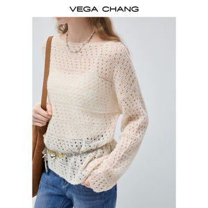 Pull en maille décontracté beige à manches longues VEGA CHANG, col bateau, texture <span class=keywords><strong>ajourée</strong></span> et ourlet à volants, coupe ample et confortable - Product Image 4