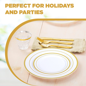 Ensemble de vaisselle jetable haut de gamme 150 pièces avec bord doré, assiettes blanches robustes, couverts et gobelets dorés pour mariage et événements en gros - Product Image 6