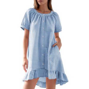 Chemise de nuit en coton à carreaux pour femme, manches courtes, boutonnée, avec poches, robe de nuit d'été à volants, style loungewear - Product Image 1