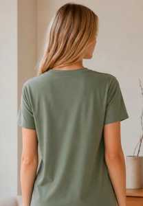 T-shirt décontracté d'été pour femme, col rond, manches courtes, vert olive uni, tricoté, écologique, respirant - Product Image 4