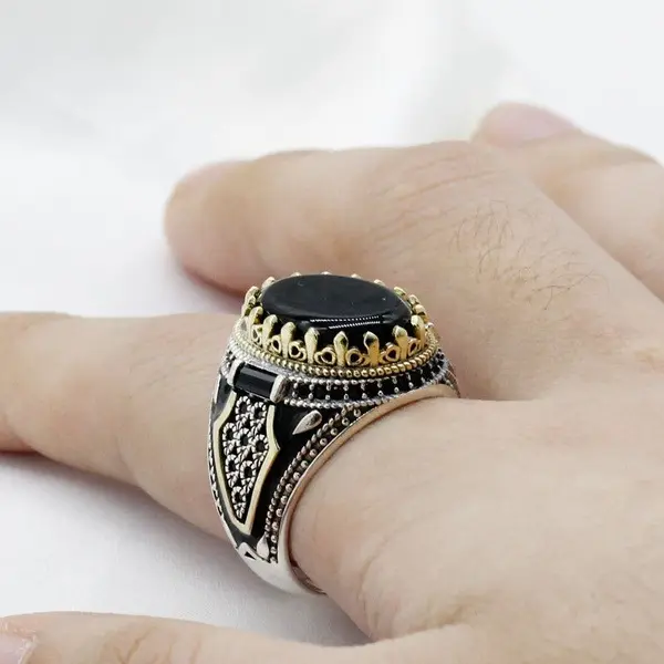 Cincin Akik Hitam Retro Kepribadian Vintage 2022 Cincin Perak Murni 925 Perhiasan Cincin untuk Pria