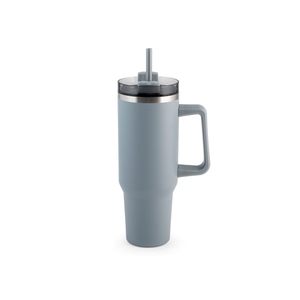 Mug isotherme gris en acier inoxydable 1,2 L avec paille et poignée - Product Image 1