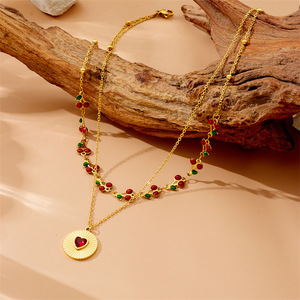 Fashion Layered Necklace Double Chain Cherry Heart Pendant Gold Tone Stainless Steel Gift Jewelry - Product Image 1