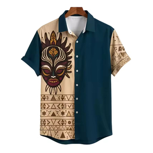 Men's <strong>Half</strong> Hawaiian Summer <strong>Shirt</strong> Tribal Style Digital Print <strong>Button</strong> Formal Breathable Knitted Beach <strong>Shirt</strong> - Product Image 1