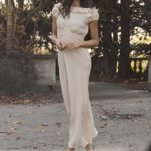 Robe longue vintage à pois pour femme, à manches courtes à volants, col rond, coupe ajustée, décontractée - Product Image 2