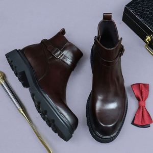 High Quality Black Ankle Square Toe Chelsea <b>Boots</b> First Layer Cowhide Lightweight Business Casual Platform Winter for Men - Product Image 5