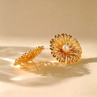 Boucles d'oreilles clous en cuivre plaqué or 18 carats, imitation perle creuse en forme de feu d'artifice, tendance, vintage, élégantes, grandes, pour femme, bijoux de fête, cadeau