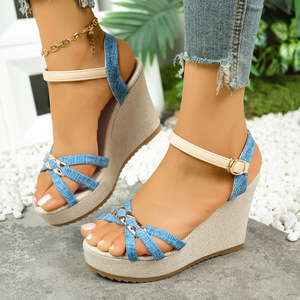 Women European and American Style Wedge <b>Sandals</b> Fabric Summer New Large Platform Thick Sole Color Block Roman <b>Sandals</b> - Product Image 1