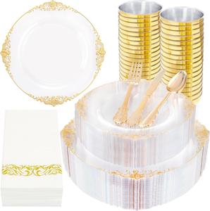 Clear Gold Plastic <b>Plates</b> - Gold Plastic Dinnerware Sets <b>Disposable</b> <b>Plates</b>, for Wedding & Party - Product Image 1