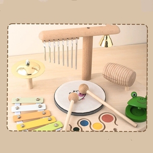 Wholesale Multi-function Wooden Music Table 8 in 1 Orff Wind Chime Percussion Instrument Set Xylophone <b>Drum</b> Guiro Bell - Product Image 3