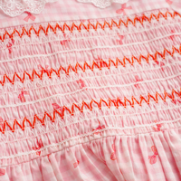 Vestidos para niñas, rosa a cuadros, con lazo rojo, cuello Peter Pan, corpiño con smock hecho a mano, manga abullonada, corte en A, para Pascua o iglesia