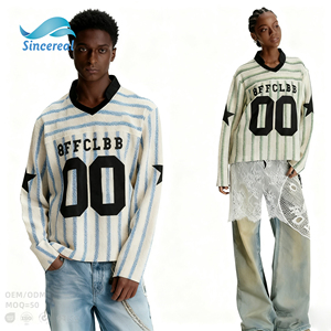 Sweat-shirt à manches longues imprimé étoiles personnalisé, streetwear tendance, pull vintage à rayures, maillot de football - Product Image 1