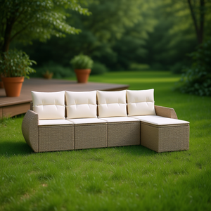 Set Divano da Giardino in Rattan Beige con Cuscini, 4 Posti, Arredamento da Esterno dal Design Contemporaneo - Product Image 2