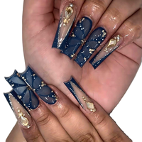 24 faux ongles longs carrés en ABS à presser, motif papillon bleu français de luxe, strass 3D, réutilisables, faits à la main, ongles artificiels