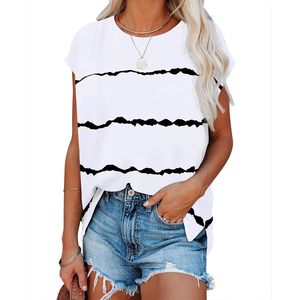 Camiseta blanca de verano a rayas de manga corta para mujer, jersey de algodón suave talla L - Product Image 2