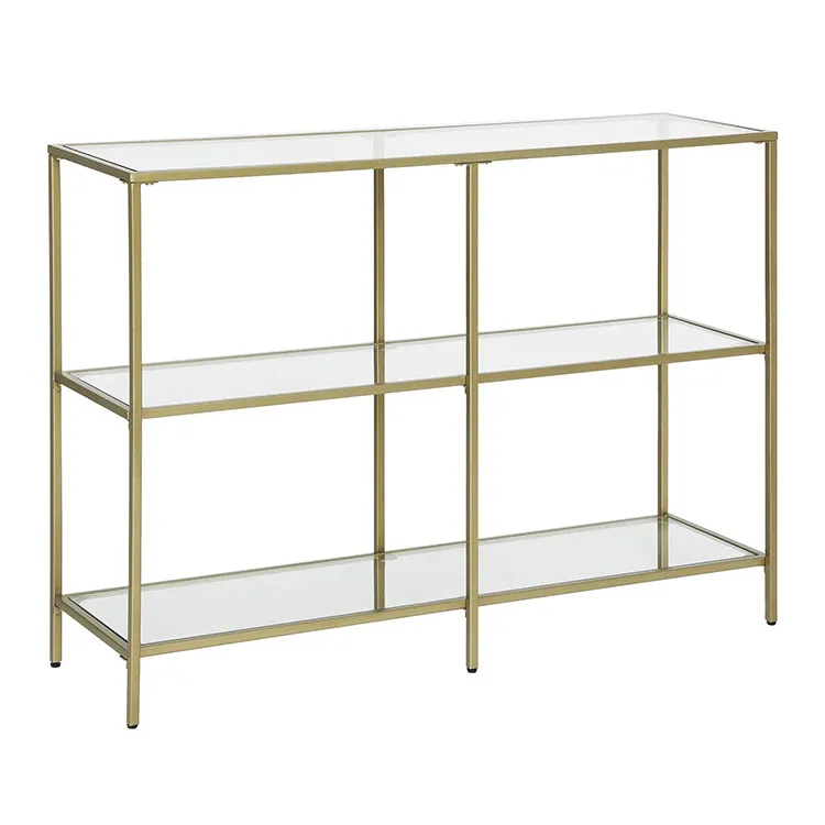 Table à console en verre doré, meuble de salon le plus populaire à 3 niveaux avec miroir, K & B, nouvelle collection