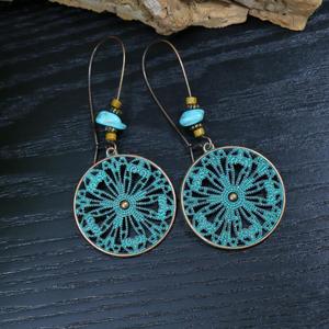 Boucles d'oreilles pendantes vintage en alliage, plaqué bronze antique, forme plume, bijoux de mode pour femme, clous en turquoise verte, style bohème - Product Image 4
