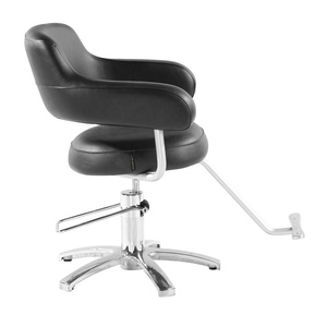   Sillón de Barbero Hidráulico para Salón de Belleza, Negro, de Cuero y Metal, con Base de Madera y Hierro - Product Image 4