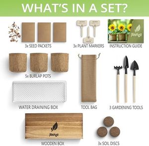 Grand kit <span class=keywords><strong>de</strong></span> jardinage d'intérieur avec mélange <span class=keywords><strong>de</strong></span> fleurs sauvages Jardinières en toile <span class=keywords><strong>de</strong></span> jute Boîte en bois pour patio Fleurs <span class=keywords><strong>vivaces</strong></span> Comprend des outils essentiels - Product Image 5