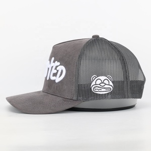 BSCI <strong>Custom</strong> Design Embroidery Logo Gorras Wholesale Oem 5 Panel Sports High Quality Mens Trucker Cap Vintage Gray Suede Mesh <strong>Hat</strong>