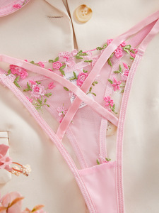 Rose Floral Embroidery Lace Lingerie Set Sexy Sheer Mesh Underwire <b>Bra</b> and Thong Panties Set French Style Underwear Set OEM ODM - Product Image 6