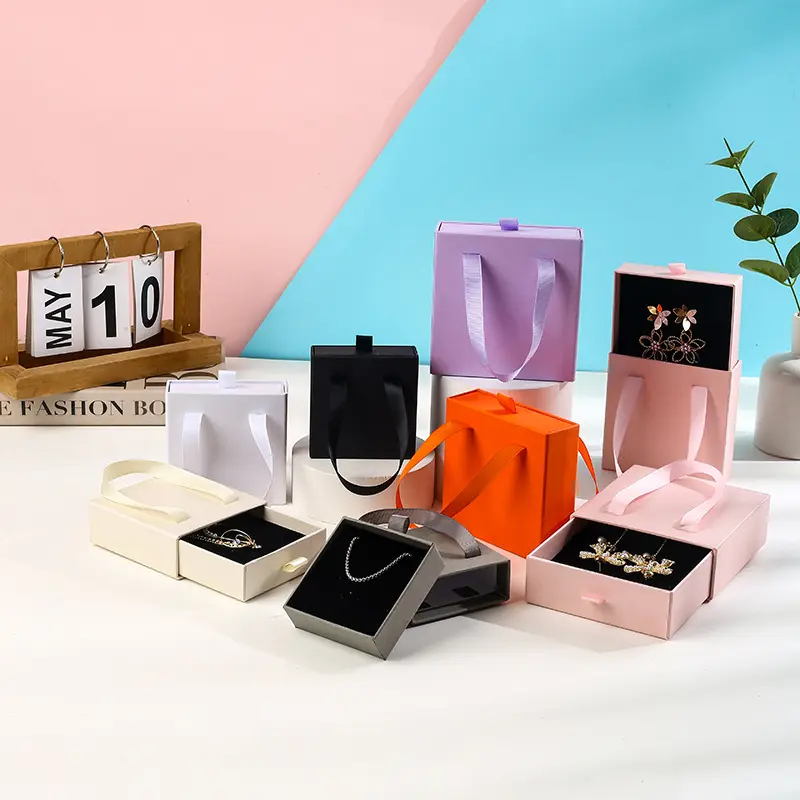 Jewelry Box Storage Bracelet Necklace Earring Case Satin Handle Square Paper Cardboard Gift Sliding Brown Packaging Box Jewelry