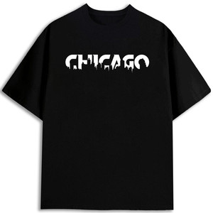 T-shirt imprimé Chicago Skyline, noir, col rond, coupe classique, 100 % coton, poids lourd 180 GSM, pour homme, fabriqué aux États-Unis - Product Image 1