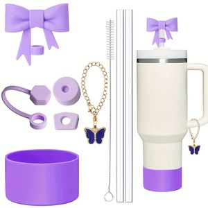 Juego de 9 accesorios de silicona para vasos térmicos: pajita antiderrame, cepillo, funda protectora, tapa con lazo para vaso de 40oz, cadena de mariposa y barras decorativas - Product Image 1