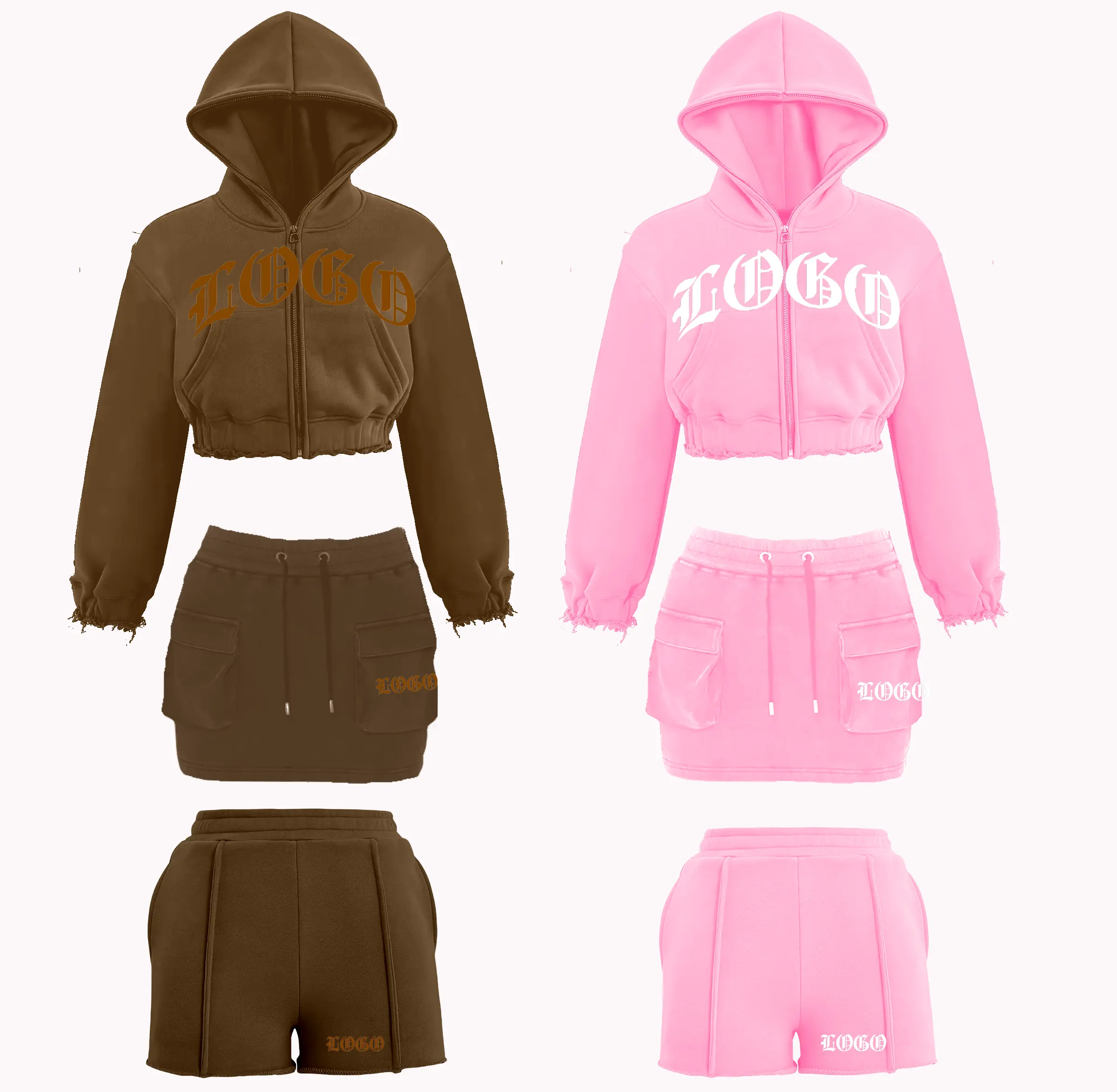 2024 Individuelles Patch-Kapuzenjacke 2-teiliges Set Damen Puffdruck Ausschnitt-Oberteil Jackette und Kurzanzug Voller Reißverschluss Sweatpants und Hoodie-Set