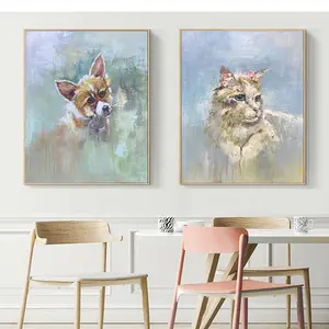 للبيع بالجملة لوحة زيتية عصرية لتزيين الحائط على قماش الكتان لتزيين المنزل بتخفيضات على لوحات الحيوانات الكلاب والقطط