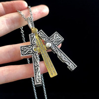 Collier Croix Vintage Vieilli Ouvertable en Alliage avec Chaîne à Maillons, Style Hip-hop Tendance pour Couples, Pendentif Mode Unisexe