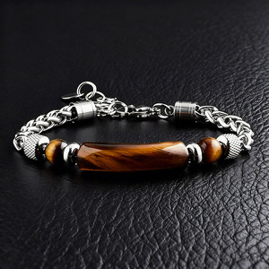 Bracelet jonc tendance pour homme en acier inoxydable avec barre incurvée, orné de pierres précieuses (obsidienne, œil de tigre, pierre cartographique) – Vente en gros 2026 - Product Image 4
