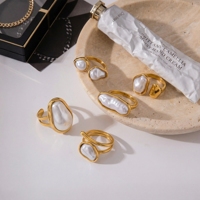 Bague minimaliste en acier inoxydable plaqué or 18 carats avec perle baroque, ouverture asymétrique, forme extraterrestre, ajustable, bijoux pour femmes