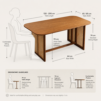Table de cuisine rectangulaire avec plateau à bords arrondis, panneaux latéraux tissés et base à barre transversale renforcée, mobilier moderne pour la maison