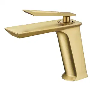 Torneira vertical para pia de banheiro, torneira de cerâmica com cabo único, misturador de água quente e fria, cobre escovado dourado, A0218G