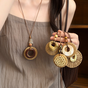 Harajuku Style Young Girls Necklace Jewelry Summer Vacation Bohemian Brown Round Rattan Woven Wooden Beads Necklaces for Women - Product Image 3
