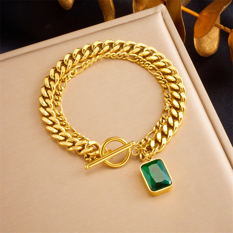 Fashion 18k Gold Plated 316L Stainless Steel Cuban Link Double Layer Zircon  Charm Bracelet OT Toggle Clasp Bracelet for Women