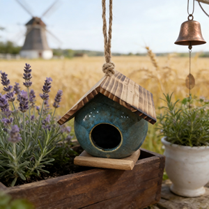 Nichoir sphérique en céramique bleu brillant avec accents de colombes - Décoration suspendue pour jardin de style <span class=keywords><strong>ferme</strong></span> - Product Image 2