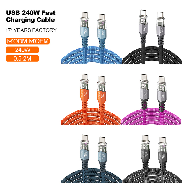 New Model 240W Fast Charging Cable 48V 5A Type C Super Fast Charging LED Light Design Braided Data Cable  for Mobile Phone