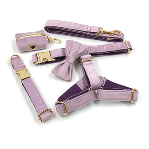 Grosir Tali Kerah Anjing Kualitas Tinggi Ungu Muda Beludru Cantik Desainer <span class=keywords><strong>Harness</strong></span> Anjing Label Pribadi <span class=keywords><strong>Harness</strong></span> Anjing Kustom Set - Product Image 1