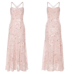 Robe longue à fines bretelles en tissu tissé, imprimé numérique floral, respirante, écologique, rose, petite tenue de vacances - Product Image 2