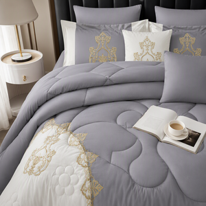 Ensemble de literie brodé personnalisable en gros avec médaillon, couvre-lit contrastant gris et blanc, couette OEM ODM - Product Image 3