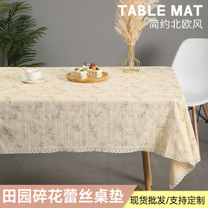 Nordic Style Cotton Linen Table Mat Striped Floral Lace Trim <b>Rectangle</b> Washable Decorative <b>Tablecloth</b> - Product Image 5