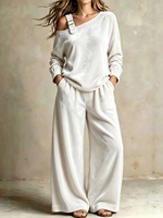 Nouvel ensemble décontracté deux pièces en velours uni pour femme, style européen et américain, pantalon ample à jambes larges et haut à manches longues épaules dénudées