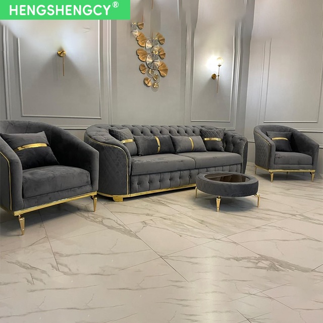 Chất Lượng Cao Hiện Đại Châu Âu Chesterfield Sofa Nhung Sang Trọng Vải Nút Tufting Màu Đen Và Vàng Sofa Cho Đồ Nội Thất Phòng Khách