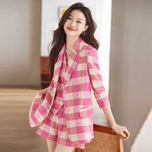 Women's Plaid Suit Set Pink Checkered Three Piece Casual Wear Spring 2024 Anti Wrinkle Flannel Jacket Pants Set - Product Image 4