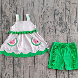 GSSO3164 Conjunto de Ropa de Verano para Niña Pequeña, Personalizado al por Mayor, con Bordado de Sandía con Rayas Rosas, sin Mangas - Product Image 1