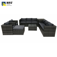 Ensemble de canapé modulaire d'extérieur en osier en forme de U, gris, avec coussins en rotin, capacité 8 personnes, ottoman et table basse pour patio